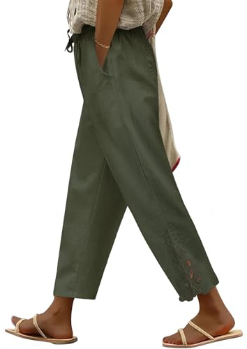 UMIPUBO Womens Trousers Summer 7/8 Length Cotton Lightweight Trousers Ladies Elasticated Waist Pants Beach Bottoms Trousers Ankle Tapered Casual Drawstring Work Holiday (Green, XL)