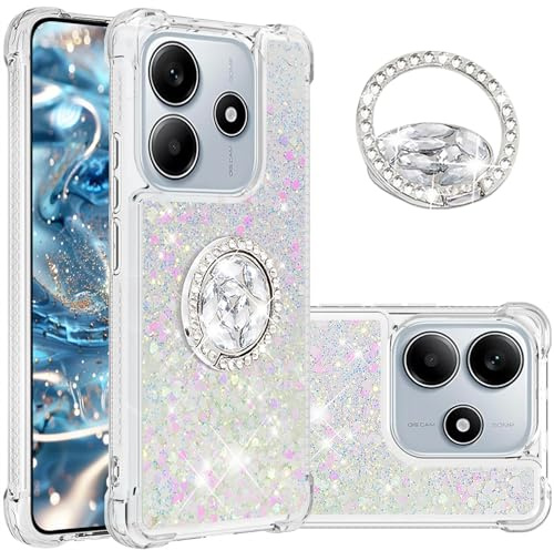 Ysnzaq Bling Liquid Hülle für Xiaomi Redmi Note 14 5G (Not 4G),Bling Glitzer Flüssig Quicksand Soft Silikon TPU Stoßfeste Handyhülle mit 360-Grad Ringständer für Xiaomi Redmi Note 14 5G.YBZ White