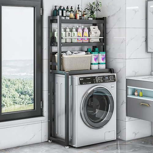Estantería Lavadora, Soporte Secadora Sobre Lavadora, Mueble Lavadora Secadora De Acero Carbono, Instalación Sencilla, Estantería Lavadora De Tambor para Cocina, Balcón, Lavandería(Black,H161cm/63.3in