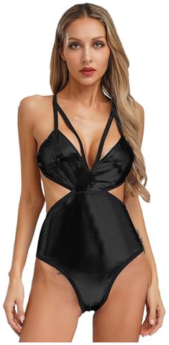 Jugaoge Damen Wetlook Body Spaghetti Top Stringbody Rückenfrei Bademode Glänzend Monokini mit Cut Outs Sommer Einteiler Strandmode Schwarz 3XL