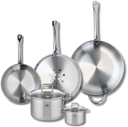 ELO 9511550 Kochgeschirr-Set, 5-teilig, 3-teiliges Kochgeschirr-Set 24, 28 und 32 cm und 2 Kochtöpfe 12 und 20 cm Elo Profi, Citrin, Edelstahl, Induktion