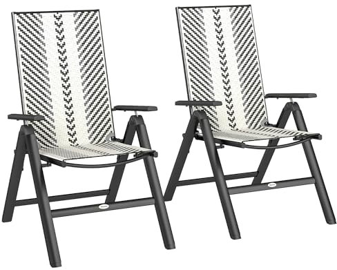 Outsunny Folding Rattan Garden Chairs Set of 2, 5-Position Reclining Garden Dining Chairs, High Back PE Wicker Outdoor Recliners with Armrest and Steel Frame for Patio, Terrace, Balcony, Grey