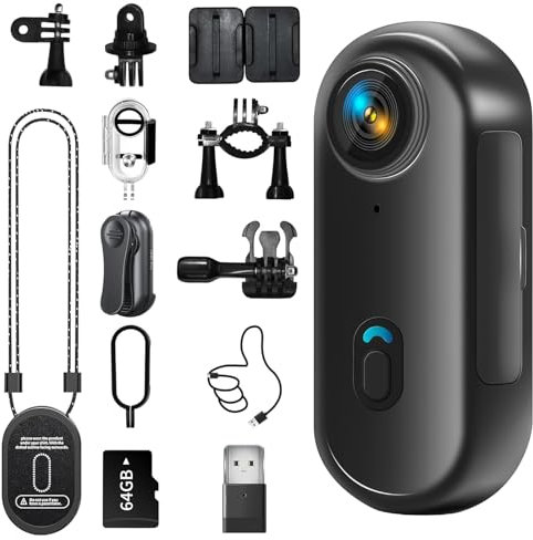 Mini Action Cam 4K, Bodycam körperkamera, POV Actionkamera mit 64 GB Speicherkarte, 120° Weitwinkel, 120 Min Akku, Helmkamera, Motorrad Kamera, mit Multifunctional Accessories, für Reisen, Outdoor
