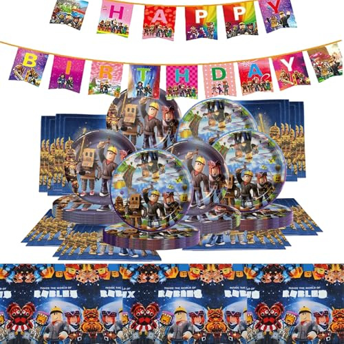 62 Pezzi Rob-lx Stoviglie Compleanno，R-oblx Kit Festa Compleanno，Rob-lx Tovaglioli, R-oblx Piatti di Carta, Banner, Tovaglia, Perfetto per 20 Persone