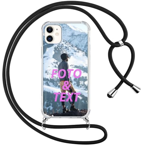 Xylota Personalisierte Handykette Handyhülle für iPhone 11 mit Band, Personalisiert Hülle mit Selbst Gestalten Bild Text Foto, Individuelle Design Schwarz Silikon Schutzhülle für iPhone 11 6,1''