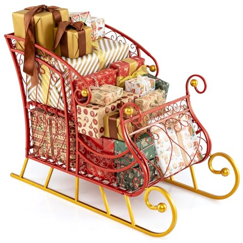 COSTWAY Slitta di Babbo Natale, Slitta di Babbo Natale in Metallo con Portadoni a 2 Livelli, Decorazione Natalizia con Stelle Dorate, per Casa, Negozio e Ufficio (Modello 3)