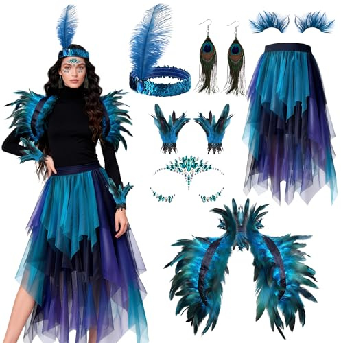 Sumvvur Pfau Kostüm Damen Set Karneval Fasching Feder Tüllrock Schmuck Accessoires inkl. Haarspange, Armband, Ohrringe, Cape, Wimpern, Glitzersteine (L)