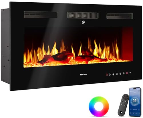 tectake® Chimenea Electrica Decorativa con Efecto Llama 3D, 2 Niveles de Calefacción, Control Remoto, Chimenea Eléctrica con Termostato Integrado, Protección Sobrecalentamiento - 12 x 106,5 x 43 cm