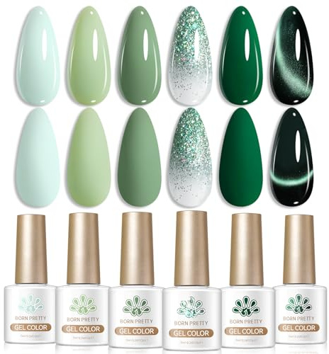 BORN PRETTY Green Gel Nail Polish 6 Colours Evergreen Glitter Sage Green Sparkle Gel Polish Soak-Off U V/LED Manicure for Women Nail Art Salon DIY Home