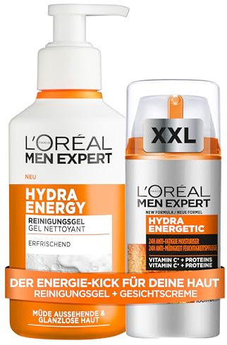 L'Oréal Men Expert Hydra Energy Anti-Müdigkeit Set: XXL Feuchtigkeitscreme (100ml) & Waschgel (260ml) für Männer, Gesichtspflege-Duo mit Vitamin C & Ceramiden gegen müde Haut