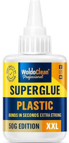 WoldoClean Pegamento para Plástico 50g - Adhesivo Especial Extra Fuerte para PVC, ABS, Goma & Plexiglás, Impermeable, Resistente Calor & Tapa con Aguja