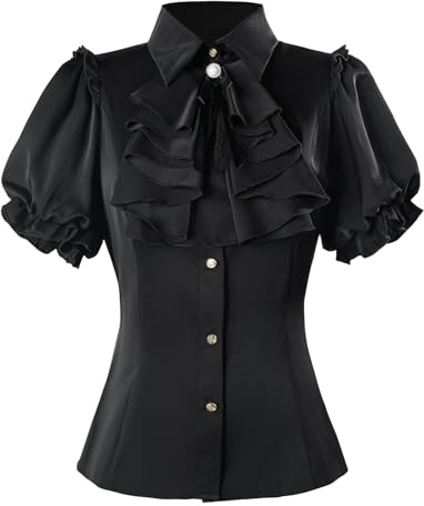 CR ROLECOS Victorian Blouse Gothic Shirt Button Puff Sleeve Top Vampire | Vintage‑style blouses available long/short sleeve designs,tailored fitted cut,for Lolita style,goth gatherings,period‑themed