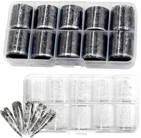 20 Rollen Spitze Nail Art Folie, Holographische Transferfolie Nägel, Spitze Transferfolie Nägel Set für DIY Acryl Nägel Dekoration (Schwarz, Weiß)