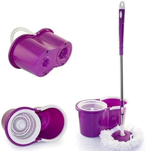 360 Spin Mop & Bucket Set With Two Mop Heads, Anti-Splash Microfibre Mop Strong And Sturdy Material Design Easy Floor Cleaning System for Home & Office Set Of 1x Mop And 1x Bucket, Purple