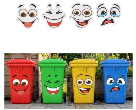 Funny Wheelie Bin Stickers, 4 Pcs Cartoon Trash Can Decals Self Adhesive Vinyl Expressions for Recycling Bins Dustbins Garbage Cans, Hilarious Decorative Labels for Indoor Outdoor Use