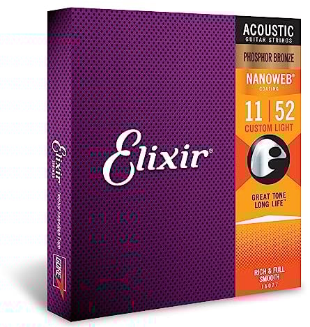 Elixir Cuerdas de guitarra acústica Strings de bronce fosforado con recubrimiento NANOWEB, calibre ligero personalizado (.011-.052)