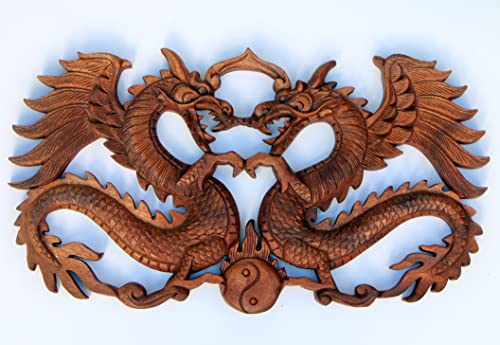 Wogeka 2 Drachen Drachenrelief Holz Dragon Feng Shui Wandbild Wohnzimmer