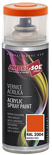 Ambro-Sol V4002004 Smalto Acrilico Multiuso, Vernice Brillante per Interni ed Esterni, Adatto per Qualsiasi Tipo di Materiale, Bomboletta Spray in Banda Stagnata Riciclabile 400 ml, Arancio Puro