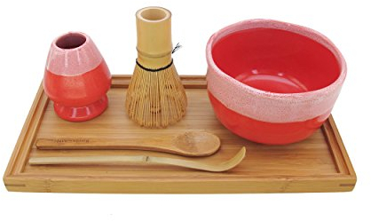 BambooMN Brand - Matcha Bowl Set (Includes Bowl, Rest,Tea Whisk, Chasaku, Tea Spoon & Tray) 1 Set Coral
