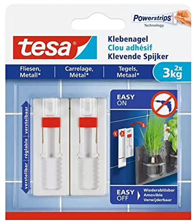 tesa® Verstellbarer Klebenagel für Fliesen und Metall, spurlos wiederablösbar, wiederverwendbar (3 kg / 3er Pack = 6 Nägel)