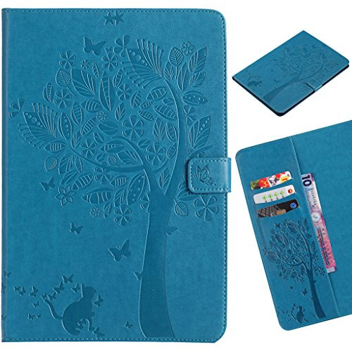 LEMORRY Per Samsung Galaxy Tab E 9.6 / T560 Custodia Pelle Cuoio Flip Portafoglio Borsa Protettivo Magnetico Morbido Silicone TPU Cover Custodia per Galaxy Tab E 9.6, Fortunato Albero (Azzurro)