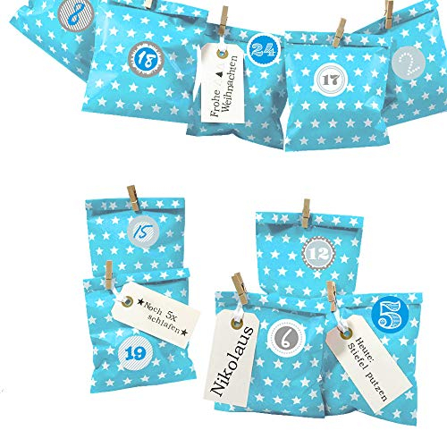 Frau WUNDERVoll® DIY Adventskalender zum Befüllen Bescherung: Set Stern 118, Papiertueten flach 13x16,5cm, beachblau Stern, Ziffern blau