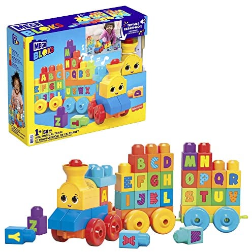 MEGA BLOKS ABC Musikzug - mit Musik und Geräuschen zum Lernen des Alphabets, 50-teiliges Spielset mit beweglichen Rädern und Bausteinen, Buchstaben A bis Z aufgedruckt, für Kinder ab 1 Jahr, FWK22