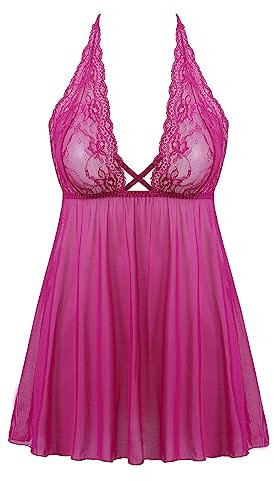 Amorbella Female Halter Lace Babydoll V Neck Lingerie with Panty for Women(Rose,Small)