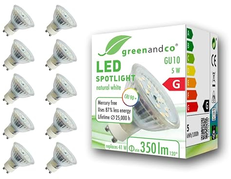 greenandco 10x GU10 LED Spot | 5W 350 lm | 4000K neutralweiß | 110° | 230V | CRI 90+ | flimmerfrei | nicht dimmbar