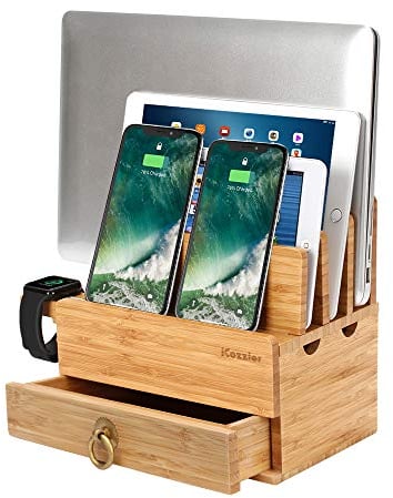 iCozzier 4 Slots Abnehmbarer Bambus-Uhrenständer Mit Schublade Ladestation für mehrere Geräte Dock für iWatch, Smartphones, Tablets, Laptops
