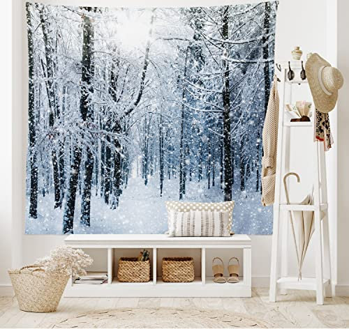 ABAKUHAUS Winter Wandteppich, Schnee bedeckter Wald aus Weiches Mikrofaser Stoff Waschbar ohne Verblassen Digitaldruck, 150 x 110 cm, Schneeweiß