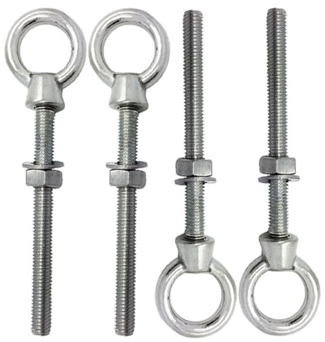 Perno de ojo de elevación con vástago largo con tuercas completas y arandela de acero inoxidable de grado marino, M6 / 6mm, Paquete de 4 unidades.