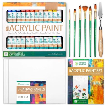 Norberg & Linden LG34 Acrylic Paint Set - Pack of 24 12ml Color Tubes, 3 Canvas Panels, 6 Brushes & Wooden Painting Knife - Arts Crafts Kit for Beginners - Quality Coloring Supplies for Adults & Kids