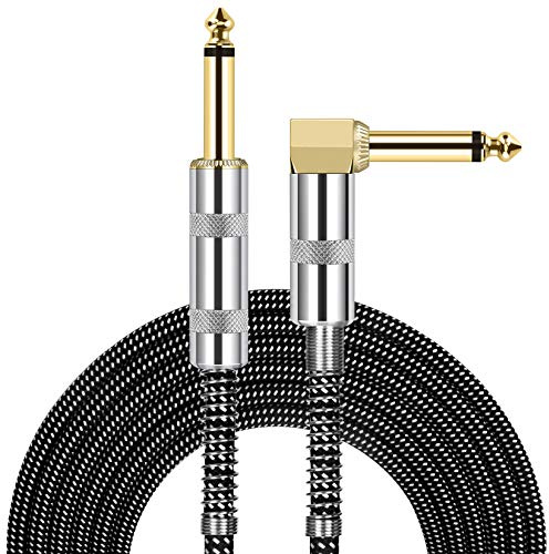 JOLGOO Gitarrenkabel, 1/4 Zoll Kabel 3m, gerade auf rechtwinkligen 6,35mm Stecker Bass Keyboard Instrumentenkabel, schwarz und grau Tweed-Stoff Jacke, elektrische Mandoline, pro Audio