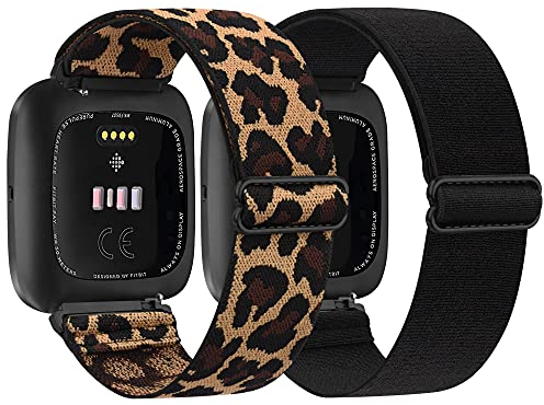 WAIYI Armband, Verstellbares Dehnbares Nylon Ersatzband für Fitbit Versa/Versa 2/Versa Lite (Leopard/Schwarz)