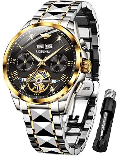 OUPINKE Herrenuhren Automatik Schwarz Mechanisch Selbstaufzug Skelett Luxus Saphirkristall Diamant Wolframstahl Wasserdicht Business Kleid Uhren Geschenke