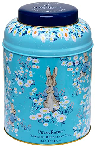 New English Teas Peter Rabbit Tea Caddy with 240 English Breakfast Tea Bags in Blue, Beatrix Potter