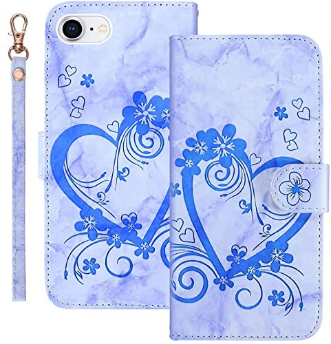 Bartern Handyhülle für Apple iPhone 6/6s Klappbar,Herz(Liebe)+ Blumen iPhone 6/6s Hülle,PU Leder Wallet Schutzhülle Tasche Klapphülle mit Kartenfach Magnetverschluss Standfunktion,Blau