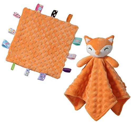 CREVENT Baby Schmusetuch,Plüsch Komfort Schnuffeltuch für Neugeborene,Weich & Waschbar Kuscheltuch Schlaftier für Babys und Kleinkinder,Spielzeug 0+ Monate(orangefarbener Fuchs + 24cmX24cm Taggies)