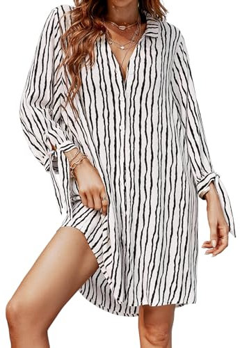 CUPSHE Mini robe d'été cache-maillot pour femme, chemise florale surdimensionnée à manches 3/4 avec liens à nouer, tenue pour la plage, Rayé blanc, Taille M