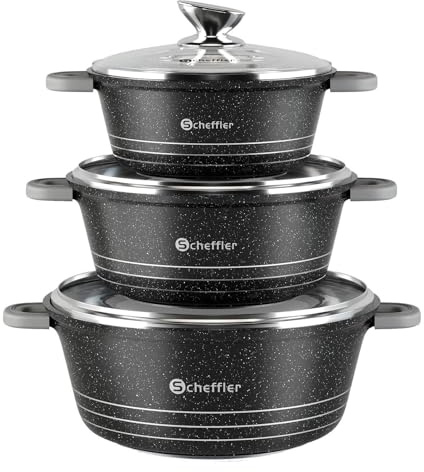 Scheffler Topfset mit Glasdeckel, 24cm,4L/28cm,6L/32cm,10L, Kochtopf Set Induktions Töpfe Set, mit Antihaftbeschichtung, Töpfe kochtöpfe Induktion, Spülmaschinengeeignet