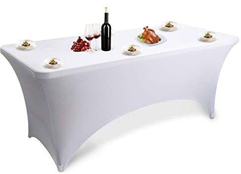 Nappe de Table Extensible 183x75x75 CM Lavable Polyester Table Cover Housse de Table Ajustable Couverture de Table pour Bar Table de Banquet de Cocktail de Mariage 6ft(Blanc)