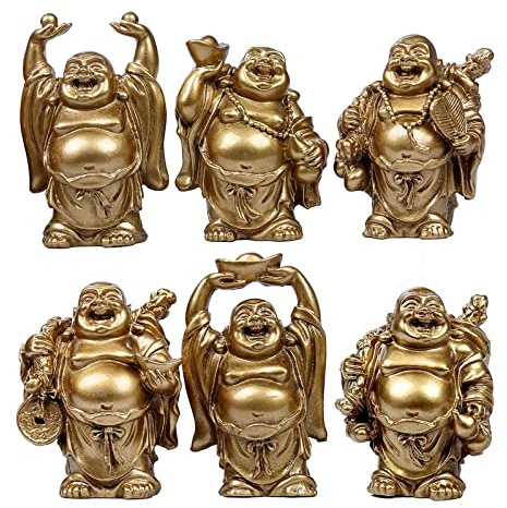 STCREE Resin Fesng Shui Laughing Buddha Statues Gold Lucky Happy Maitreya Statue 6pcs 7cm(H) Desk Flower Pot Decoration Collectible Gift TQGJST6
