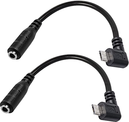 Cable de Audio Micro USB a AUX de 3,5 mm, Paquete de 2 adaptadores Hembra de 1/8 Pulgadas a Micro USB Macho de 5 Pines en ángulo Recto para Auriculares con Clip Activo de micrófono, 15cm