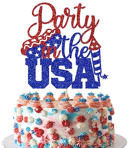 Party in The USA Cake Topper, 4. Juli, Happy Birthday America, Independence Day Party Dekorationen (Blau & Rot Glitter)