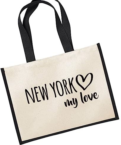 Huuraa Jutetasche New York my love Präsent Shopper Einkaufstasche Black 21 Liter Jute und Baumwolle New York Geschenkidee