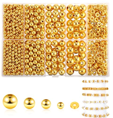 Goldene Perlen 1250 Stück - Runde Perlen 4/6/8/10 mm, Vergoldeter Kunststoff mit Loch, Abstandshalter für Schmuck DIY