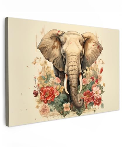 MuchoWow© Leinwände Wall Decoration Bilder Schlafzimmer Deko Pictures | 90x60 cm - Canvas Painting Wanddekoration Wohnzimmer Vintage - Elefant - Blumen - Weiß - Natur - Tiere