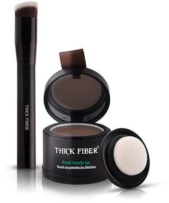 THICK FIBER Root Touch Up Powder – Covers Gray Roots & Hairline for Women – Water & Sweat Resistant Hair Powder Concealer for Thinning Hair with Brush Included (Medium Brown)