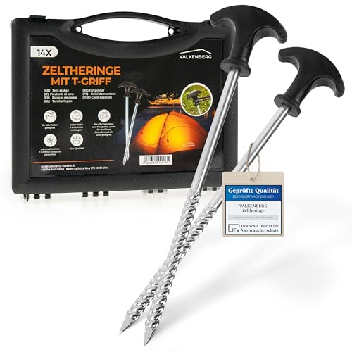 VALKENBERG 14x Schraubheringe Camping [Stahl] - Heringe Camping mit Transportbox - Zeltheringe mit Gewinde für alle Böden - Zeltheringe sturmsicher und stabil